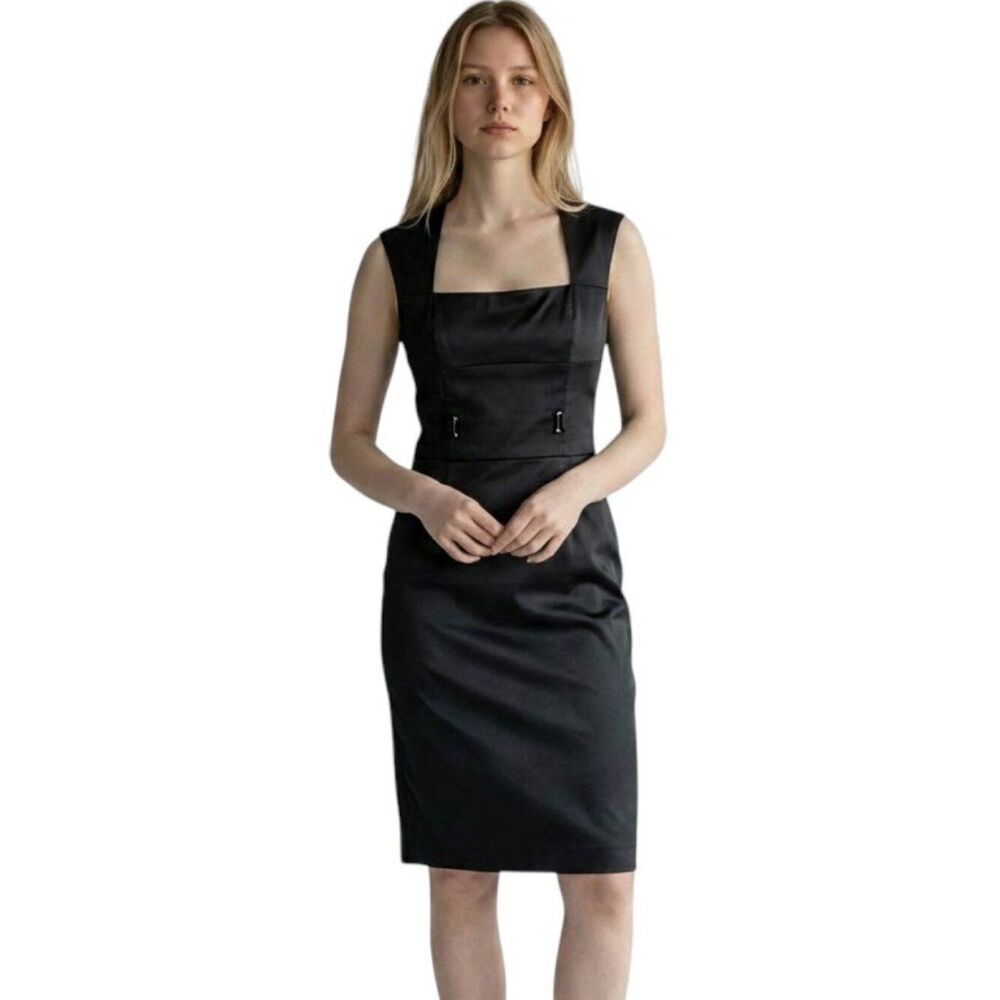 Nine West Black Satin Sheath Dress Size 2 Belted Waist Sleeveless Midi LBD